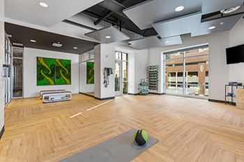 A gym with a green ball on a mat in the middle of the room.